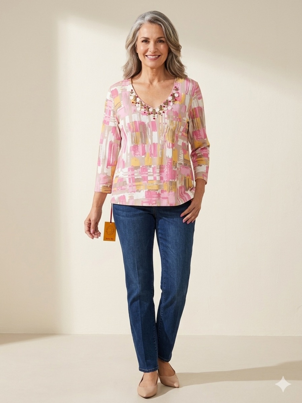 Ruby Rd. Pink and Yellow Abstract Brushstroke Top